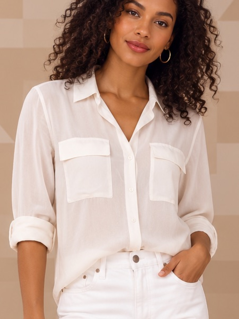 ☕️MAKE OFFER☕️ NWT Acrobat 100% Silk Ivory Cream Long Sleeve Pocket Blouse Sz LG